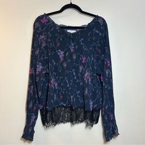 TANYA TAYLOR | Navy Blue & Floral Off The Shoulder Blouse With Lace Trim Size 6